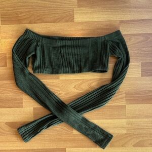 Green Off-Shoulder long sleeve Ribbed Knit Top